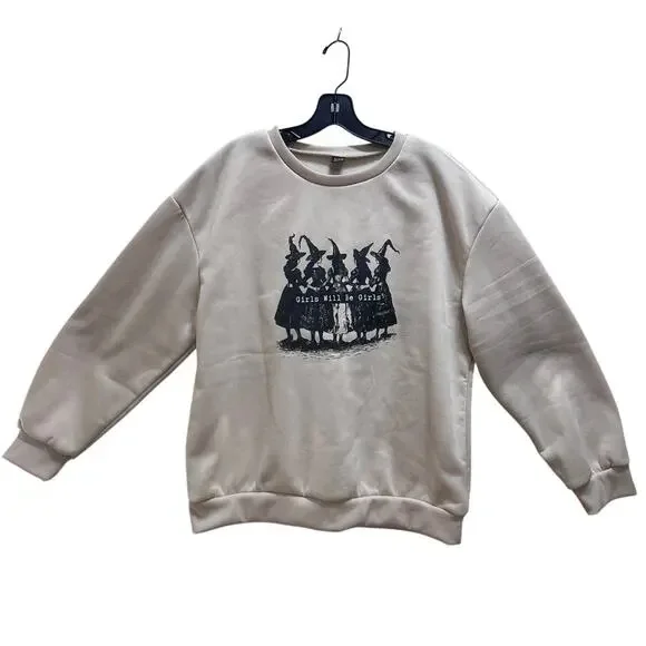 SHEIN Witch Graphic Sweatshirt XL Beige Girls Will Be Girls Gothic Grunge Crew - Picture 3 of 6